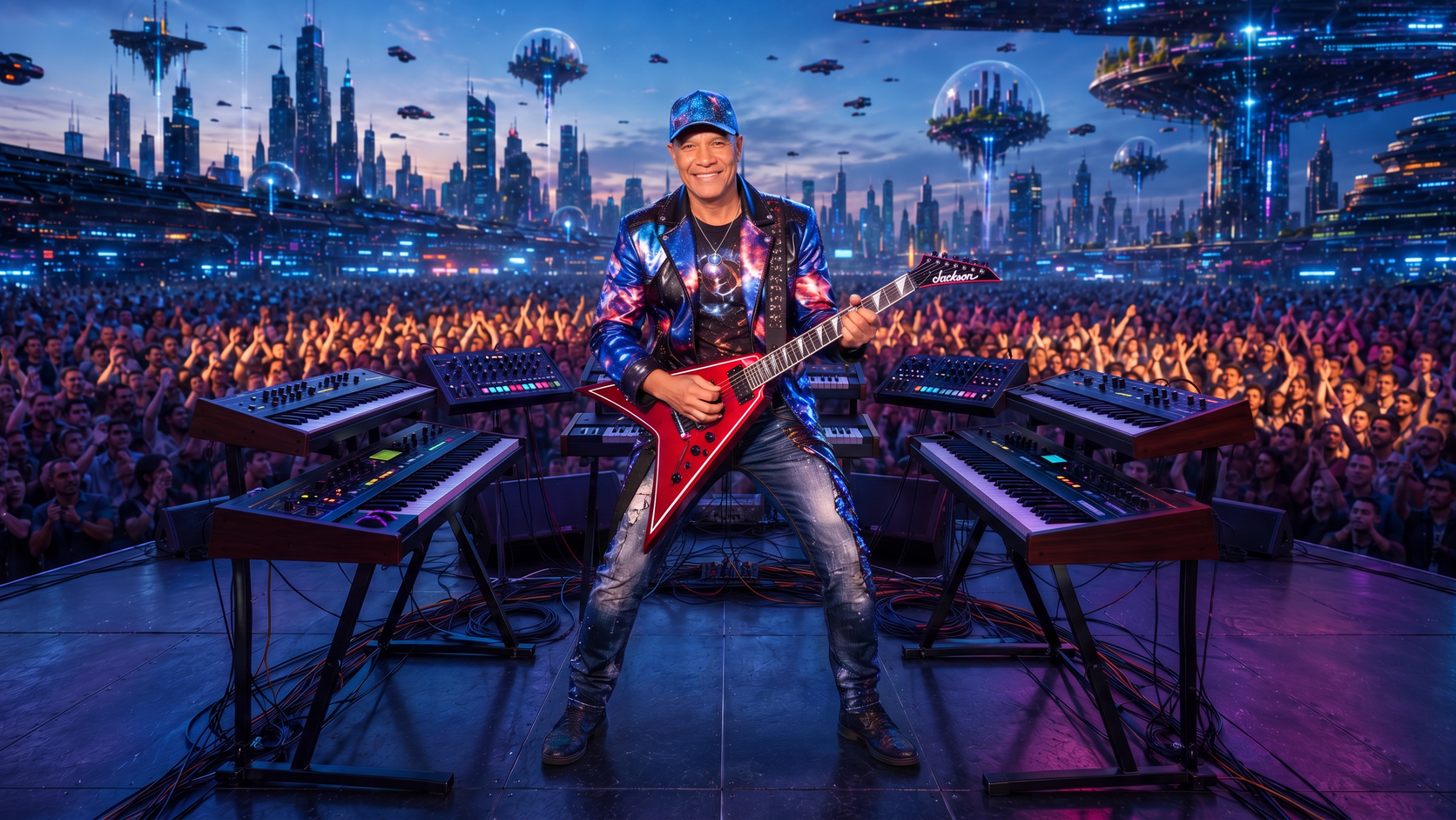 Smiling Universe 51 artist in a cosmic galaxy-print cap and matching leather jacket with jeans, shown head to toe playing a red Jackson flying-V guitar among keyboards on a futuristic concert stage